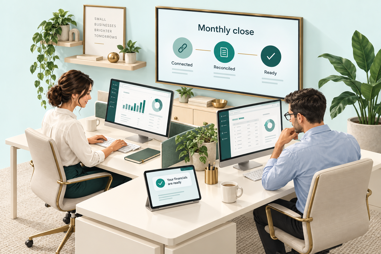 Illustration of two accounting professionals working at digital workstations, with a shared monthly-close display showing connected accounts, reconciliation and completed financials.