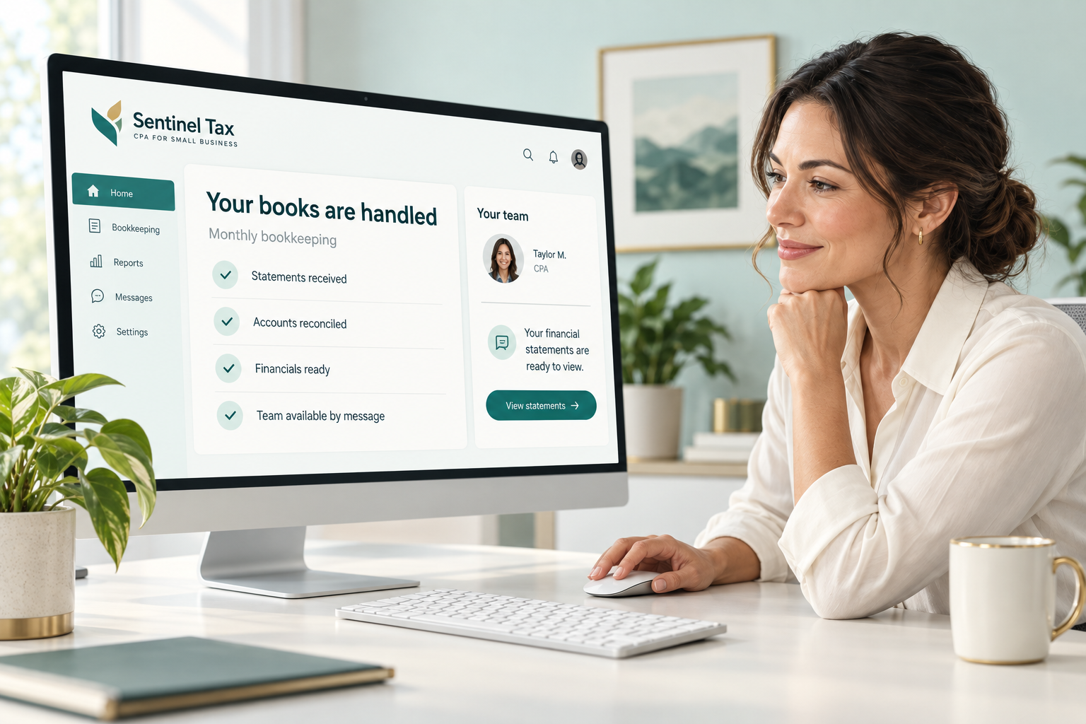 Illustration of an accounting professional beside a digital workspace showing reconciled accounts, ready financials and a message from the accounting team.