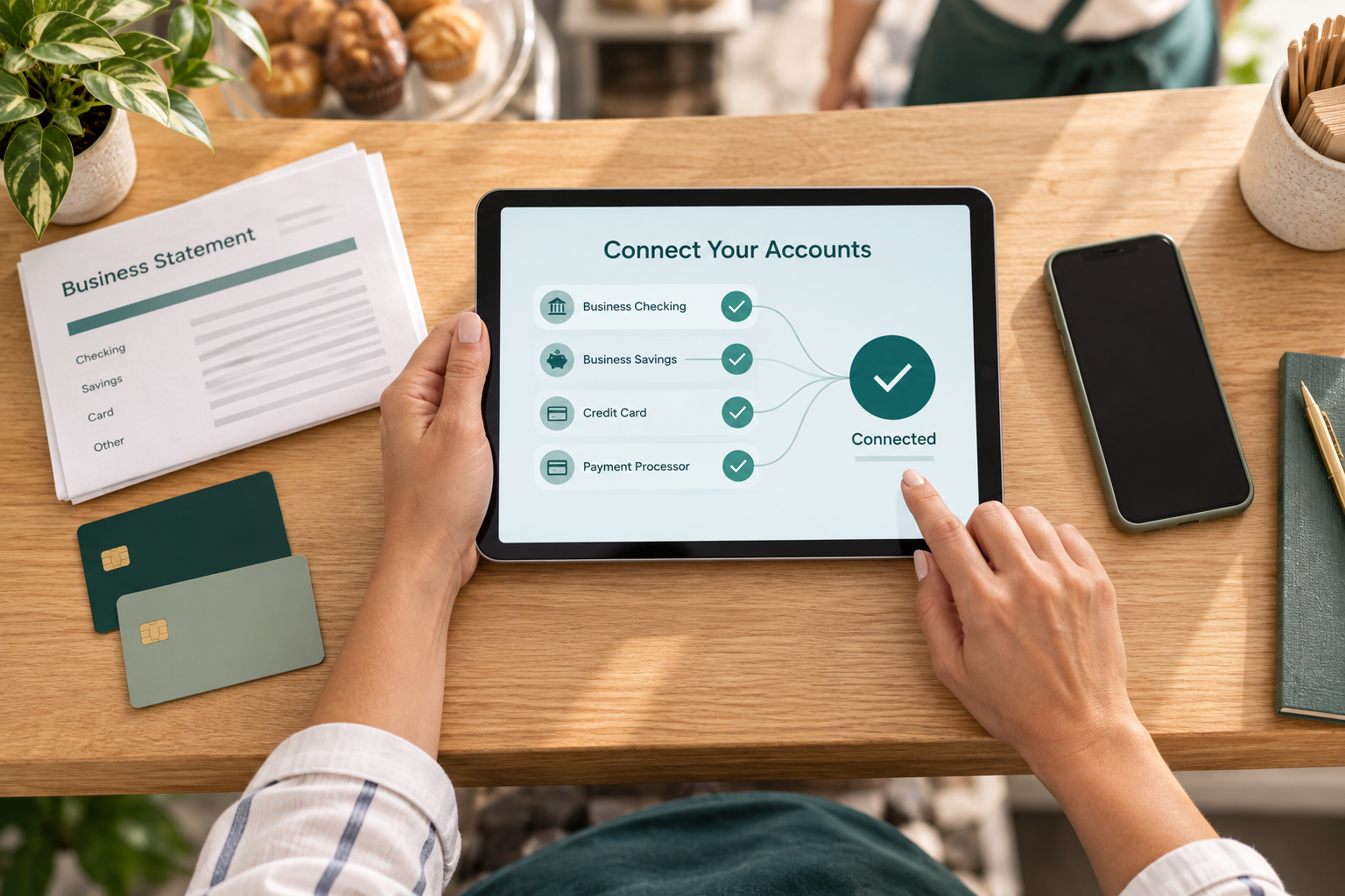Business owner connecting bank and credit-card accounts from a tablet