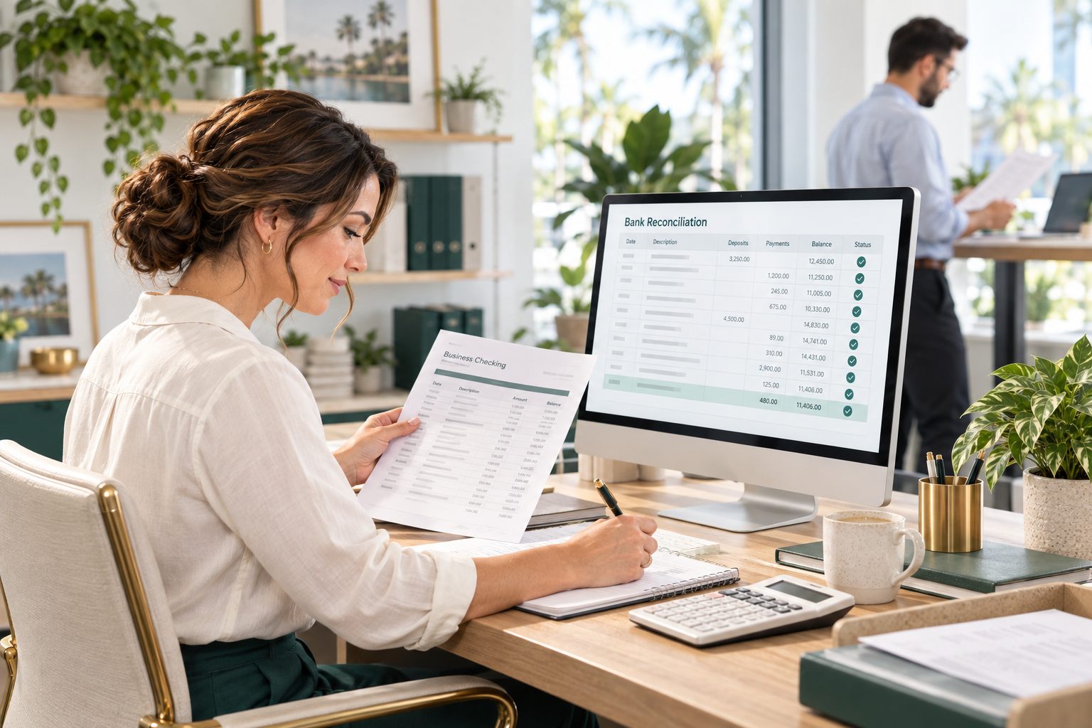 Accounting professional reconciling a business bank statement