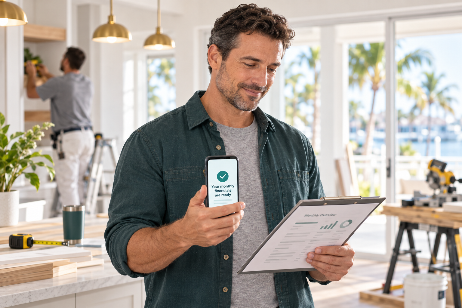 Contracting business owner reviewing completed monthly financial statements