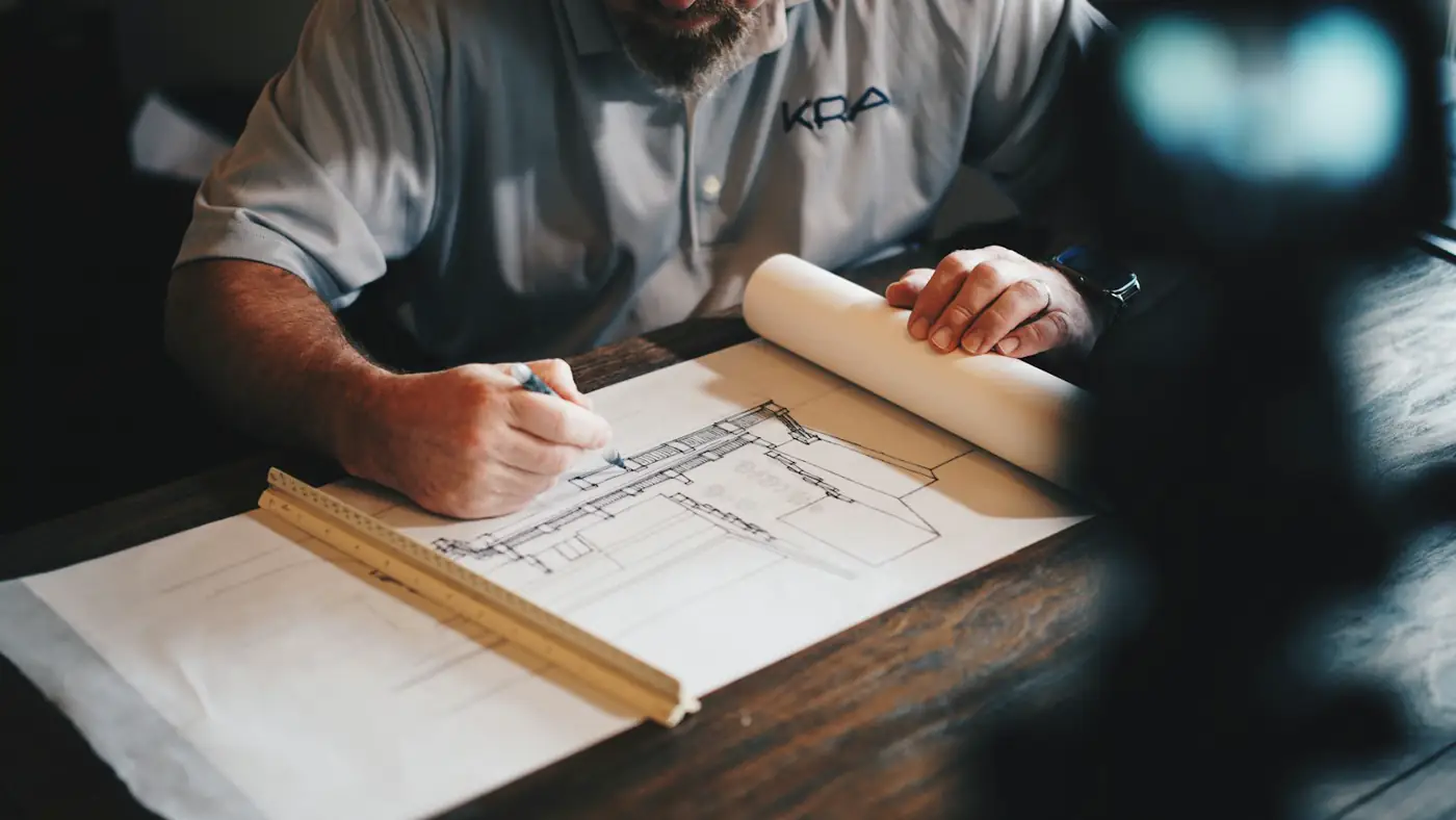 Architectural blueprints and planning documents on a work table